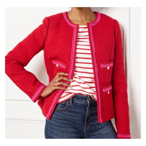 Talbots Tweed Blazer Red Fringe Wool Blend - Picture 2 of 10